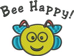 Smiley bee with a bright yellow body and blue wings, embroidered with cheerful 'Bee Happy!' text.