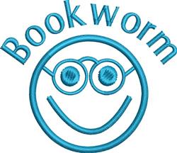 Cartoonish smiley face with glasses and 'Bookworm' text in vibrant blue, perfect for playful embroidery.