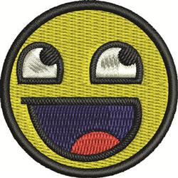 Cheerful smiley face emoji with a yellow color, large white eyes, a red mouth, and bold black outline. Perfect for a playful