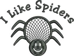Playful spider with a smiling face and a web; 'I Like Spiders' text above, in dark colors.