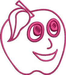 Playful cartoon apple with a smiling face, large eyes, bright pink outline, and green leaf.