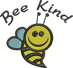 Cheerful smiling bee with yellow and black stripes, light blue wings, and 'Bee Kind' text in a playful style.