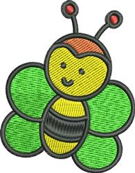 Cheerful cartoon bee with yellow and brown stripes, smiling among vibrant green petals in a playful design.