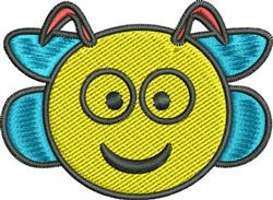 Cheerful smiling bee face with a bright yellow hue, blue wings, and red antennas in a playful cartoon style.