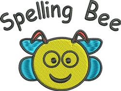 Cheerful smiling bee with a yellow face and expressive eyes, featuring blue wings and bold 'Spelling Bee' text.