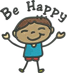 Playful boy character in a blue shirt with arms raised, featuring 'Be Happy' text in black, perfect for cheerful decor.