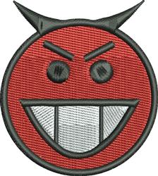 Smiling devil emoji features a round red face, white fangs, and black horns in a playful cartoon style.