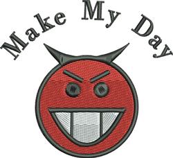 Playful smiling devil face design with red color, black horns, and white eyes, featuring the phrase 'Make My Day'.