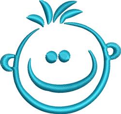 Cheerful smiling face with circular eyes, a wide grin, and playful hair tufts in vibrant turquoise.