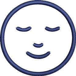 Simple smiling face in navy blue thread, featuring closed eyes and a gentle smile within a clean circular outline.