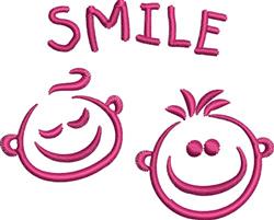 Two smiling cartoon faces with a rounded shape and spiky hair, above them text 'SMILE' in bold pink, playful style.