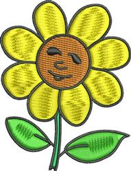 Cheerful flower with yellow petals and a smiling brown face, surrounded by vibrant green leaves. Perfect for spring.