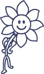 Playful smiling flower with stick figure arms, bold outlines, and cheerful face on a white background. Standard design.