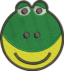 Cartoon frog face with a green upper half, yellow mouth, and large white eyes, showcasing a playful design.
