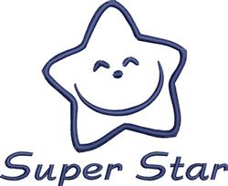 Playful smiling star with a cheerful face in dark blue, embroidered text 'Super Star', bright and whimsical design.