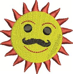 Playful smiling sun with a yellow face, red spiky rays, black eyes, and a mustache for summer-themed decor.