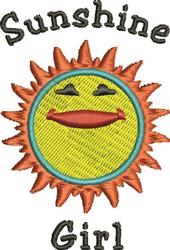 Cheerful smiling sun with bright yellow face, orange rays, and 'Sunshine Girl' text, ideal for summer decor.