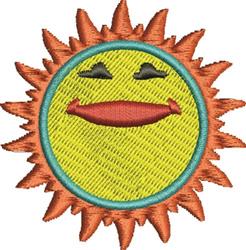 Smiling sun with a bright yellow face, orange rays, and blue outline, whimsical summer applique design.