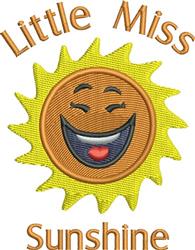 Playful smiling sun character in bright yellow and orange, with lively rays and 'Little Miss Sunshine' text, perfect for spri