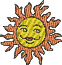 Cartoon sun with a smiling face and radiant orange rays, vibrant design perfect for summer.