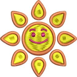 Cheerful sun with a smiling face, bright yellow color, teardrop rays outlined in orange, perfect for summer decor.