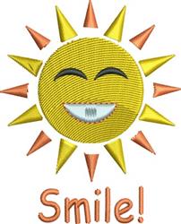 Cheerful smiling sun with a bright yellow face and orange rays, perfect for summer-themed embroidery.