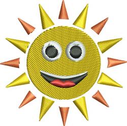 Playful smiling sun with black eyes and a red mouth, surrounded by vibrant orange spikes, perfect for summer themes.