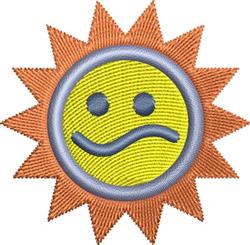 Playful smiling sun with yellow color, circular shape, two dot eyes, and a curved smile, perfect for summer.