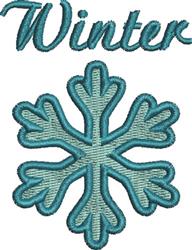 Stylized snowflake in light blue with elegant script text 'Winter' above, modern winter theme.