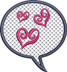 Playful speech bubble with pink hearts on a whimsical mesh background, perfect for Valentine's Day decorations.
