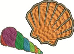 Colorful spiral shell and vibrant orange seashell with ribbed texture, perfect for summer-themed embroidery.