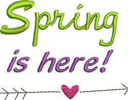 Playful machine embroidery design featuring 'Spring is here!' in green and purple, accented with hearts.