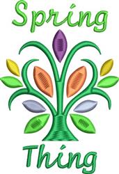 Word art 'Spring Thing' with a whimsical tree, colorful leaves, and a bright green font, perfect for spring.