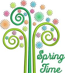 Playful stylized tree with green swirls, adorned with pink, blue, and yellow stars. Text 'Spring Time' complements the spring