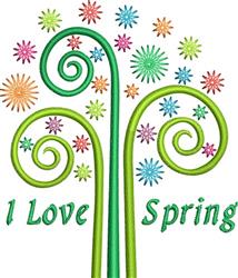 Whimsical tree with stylized green branches and colorful flowers, featuring 'I Love Spring' text. Ideal for Spring decor.