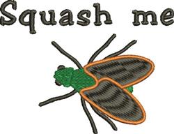 Playful insect with a green body, black textured wings, and orange outline, embroidered with 'Squash me'.