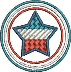 Bold star in teal, white, and red color blocks, surrounded by a geometric circular border for vibrant decor.