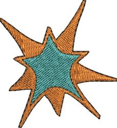 Modern starburst shape in vibrant orange spikes with a teal center, featuring a bold black outline.