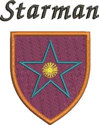Colorful shield with star and sunburst, featuring bold 'Starman' text above in modern style.