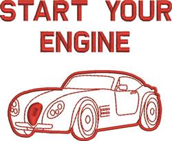 Cartoon car illustration with playful features and bold lines, red text 'START YOUR ENGINE' above.
