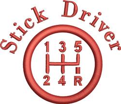 Bold lettering 'Stick Driver' in red above a gear shift layout, framed in a circular design.