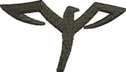 Stylized bird in dark green thread with sleek, angular shapes, modern and minimalist design.