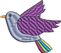Stylized bird with vibrant purple wings, a gray body, and a colorful tail in red, green, yellow, and blue.