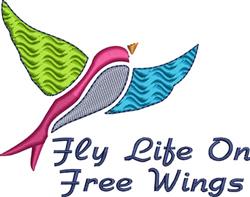 Stylized bird in vibrant green, pink, and blue, mid-flight with playful text, showcasing modern artistry.
