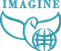 Stylized bird in flight with a globe, 'IMAGINE' text above, vibrant turquoise, modern design.