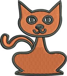 Playful cartoon cat in bright orange, featuring large eyes and a black outline, perfect for machine embroidery.