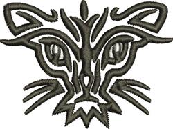 Stylized cat face with intricate dark lines, highlighting symmetry and bold features like defined eyes and whiskers.