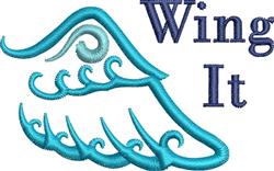 Playful stylized feather wing in vibrant teal with deep blue 'Wing It' text and flowing wave motifs.