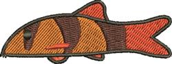 Stylized fish in vibrant orange and brown with bold red tail accents, playful design for kitchen textiles.