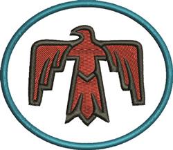 Stylized hawk in red with outstretched wings, framed by a blue outline against a white background.